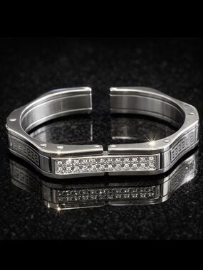 Macys Mens Ladies silver Stainless steel Greek key pave cz cuff bangle bracelet